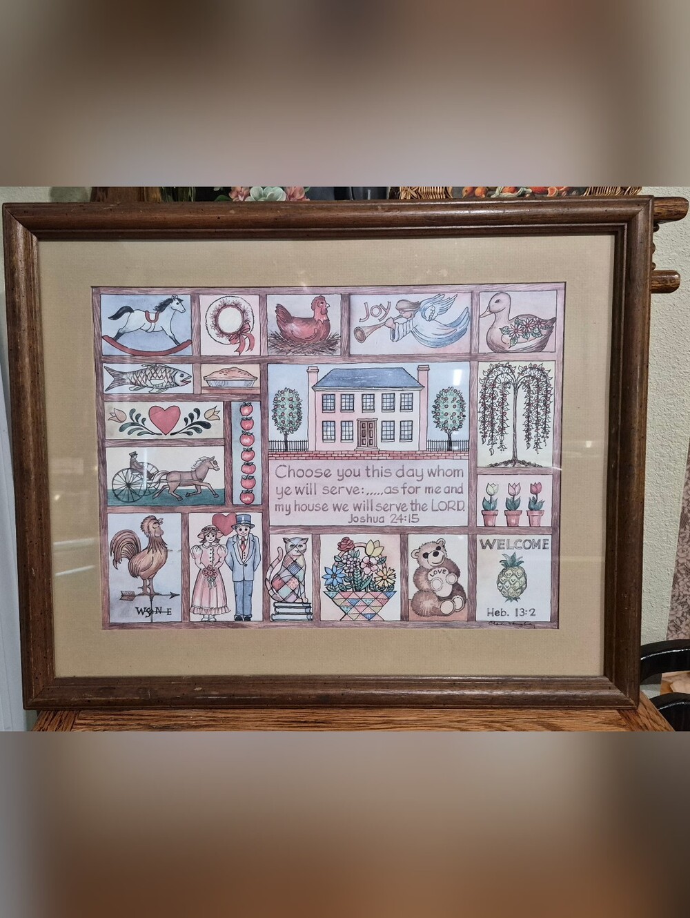 Framed Folk Art print sampler features illustrations by Charles F. Humphrey